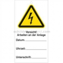 Warnschilder mit Text und Piktogramm: Anhängeschilder: Vorsicht! Arbeiten an der Anlage